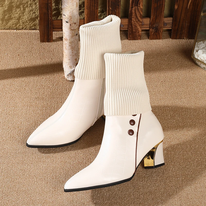 Winter British Style Women's Knitted High Heel Sock Boots Versatile Slim Fitting Pointed Toe Chunky Heel Mid Calf Boots Winter British Style Women's Knitted High Heel Sock Boots Versatile Slim Fitting Pointed Toe Chunky Heel Mid Calf Boots