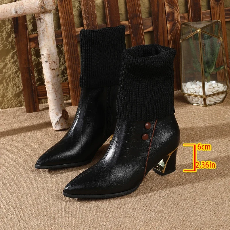 Winter British Style Women's Knitted High Heel Sock Boots Versatile Slim Fitting Pointed Toe Chunky Heel Mid Calf Boots