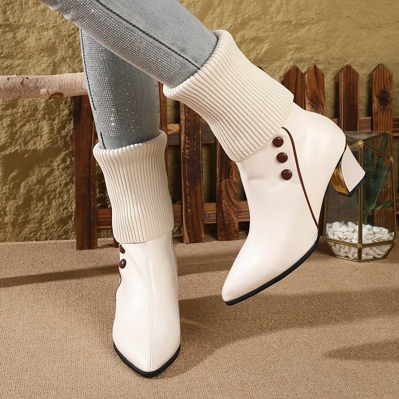Winter British Style Women's Knitted High Heel Sock Boots Versatile Slim Fitting Pointed Toe Chunky Heel Mid Calf Boots Winter British Style Women's Knitted High Heel Sock Boots Versatile Slim Fitting Pointed Toe Chunky Heel Mid Calf Boots
