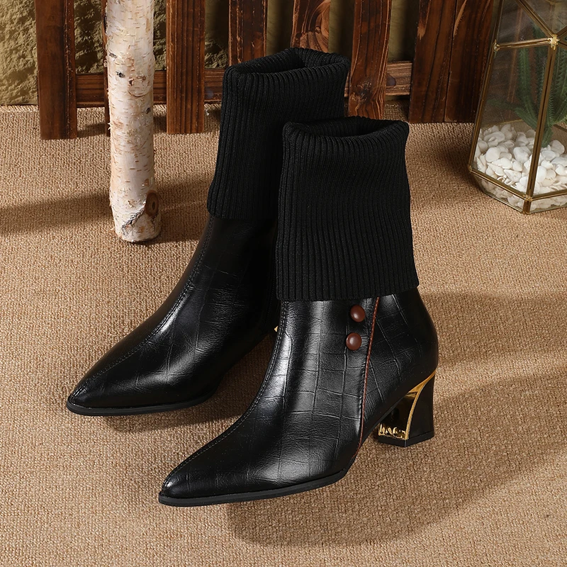 Winter British Style Women's Knitted High Heel Sock Boots Versatile Slim Fitting Pointed Toe Chunky Heel Mid Calf Boots Winter British Style Women's Knitted High Heel Sock Boots Versatile Slim Fitting Pointed Toe Chunky Heel Mid Calf Boots
