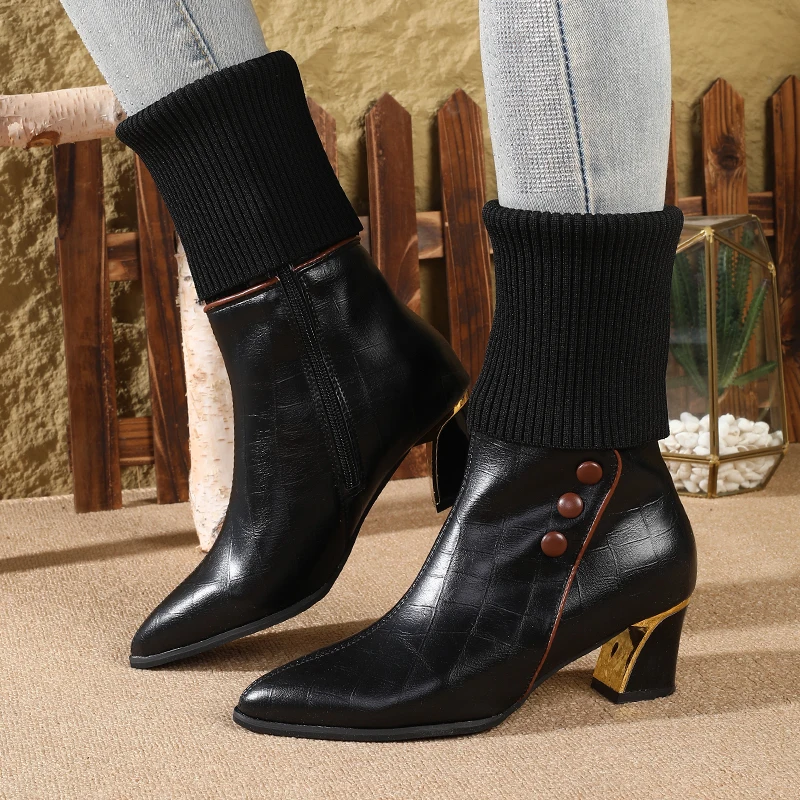 Winter British Style Women's Knitted High Heel Sock Boots Versatile Slim Fitting Pointed Toe Chunky Heel Mid Calf Boots Winter British Style Women's Knitted High Heel Sock Boots Versatile Slim Fitting Pointed Toe Chunky Heel Mid Calf Boots