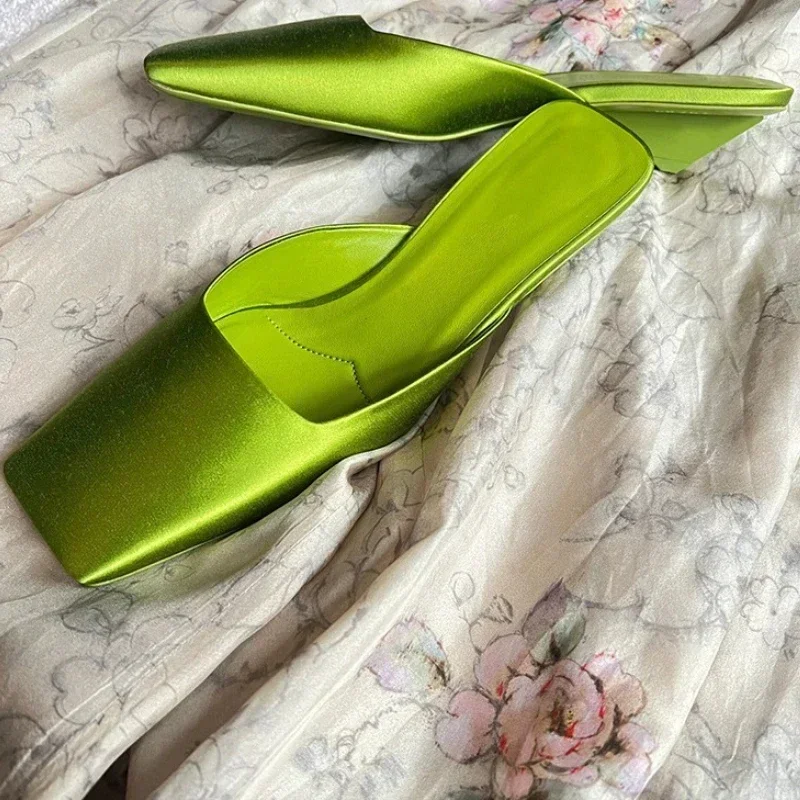 Luxury Satin Sandals Women Summer Sexy Square Head Strange Low Heel Slide Sandals Chunky Heel Elegant Design Mule Slippers Women