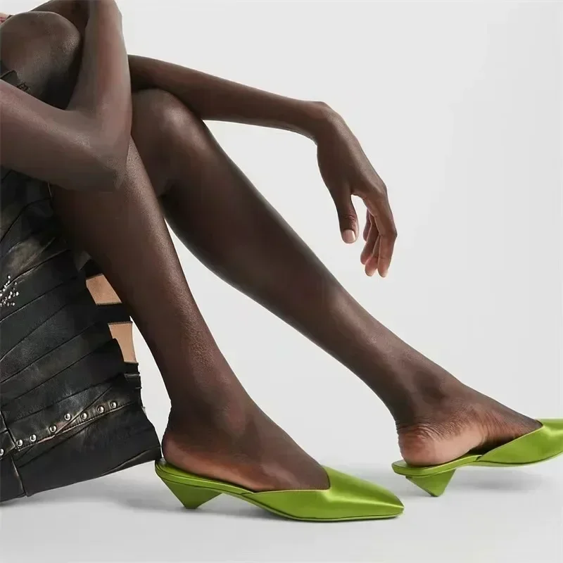 Luxury Satin Sandals Women Summer Sexy Square Head Strange Low Heel Slide Sandals Chunky Heel Elegant Design Mule Slippers Women