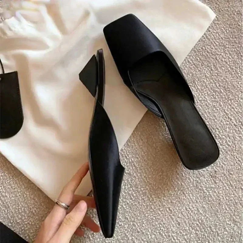 Luxury Satin Sandals Women Summer Sexy Square Head Strange Low Heel Slide Sandals Chunky Heel Elegant Design Mule Slippers Women
