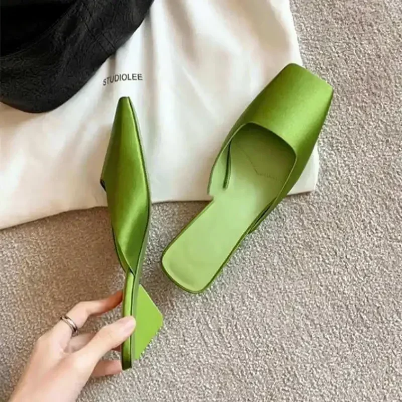 Luxury Satin Sandals Women Summer Sexy Square Head Strange Low Heel Slide Sandals Chunky Heel Elegant Design Mule Slippers Women Luxury Satin Sandals Women Summer Sexy Square Head Strange Low Heel Slide Sandals Chunky Heel Elegant Design Mule Slippers Women
