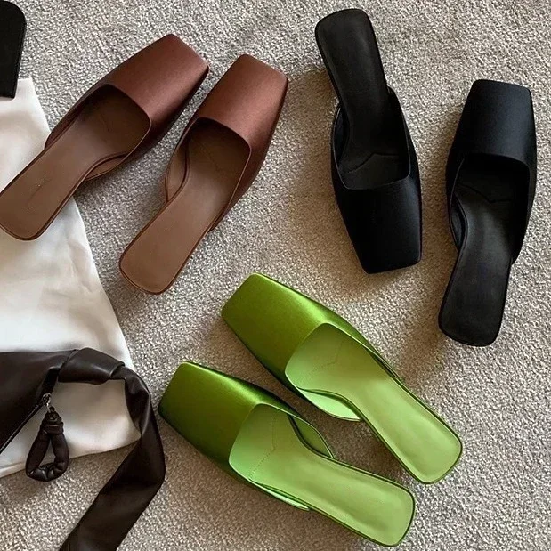 Luxury Satin Sandals Women Summer Sexy Square Head Strange Low Heel Slide Sandals Chunky Heel Elegant Design Mule Slippers Women Luxury Satin Sandals Women Summer Sexy Square Head Strange Low Heel Slide Sandals Chunky Heel Elegant Design Mule Slippers Women