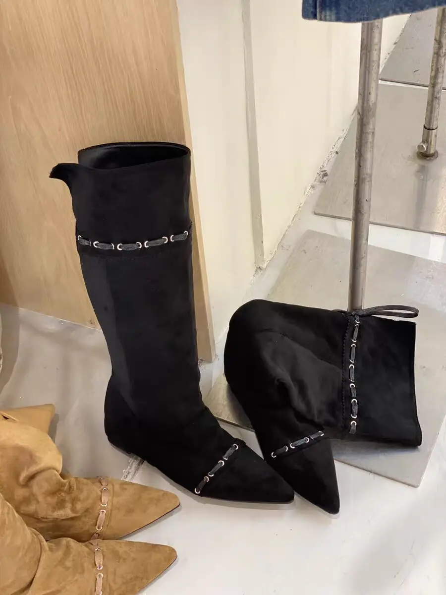 Designer Women Flats High Boots Pointed Toe Fashion Shoes Lace Up 2025 Winter Chelsea Boots New Trend Gladiator Mujer De Botas