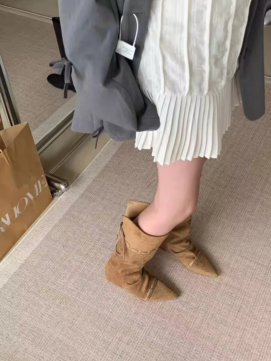 Designer Women Flats High Boots Pointed Toe Fashion Shoes Lace Up 2025 Winter Chelsea Boots New Trend Gladiator Mujer De Botas