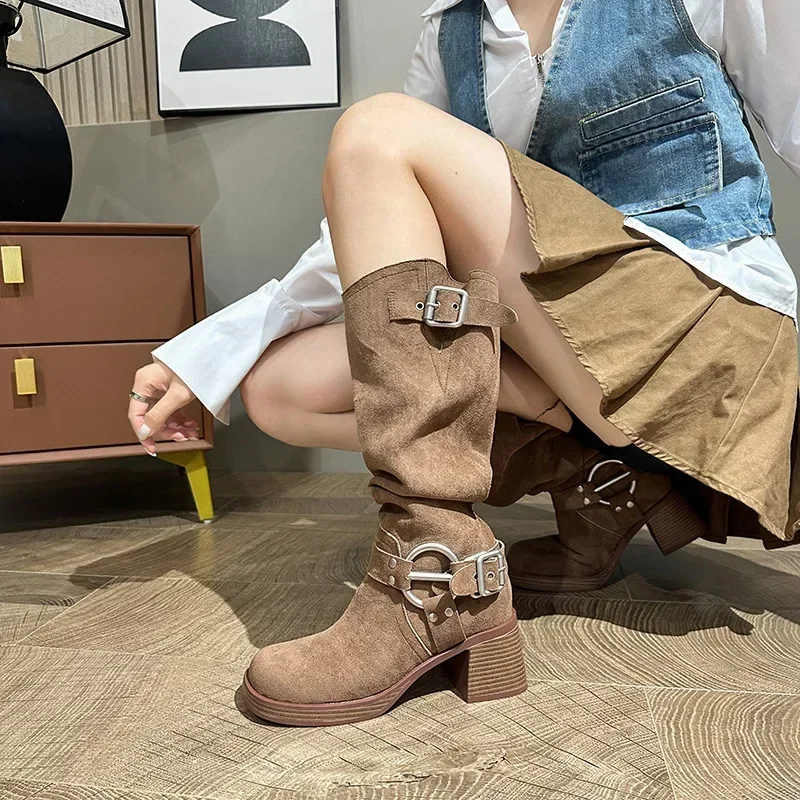 New Fold Women's Vintage Brown Metal Belt Buckle Western Cowboy Boots Square High Heel Long Boots Fashion Knight Boots 2025
