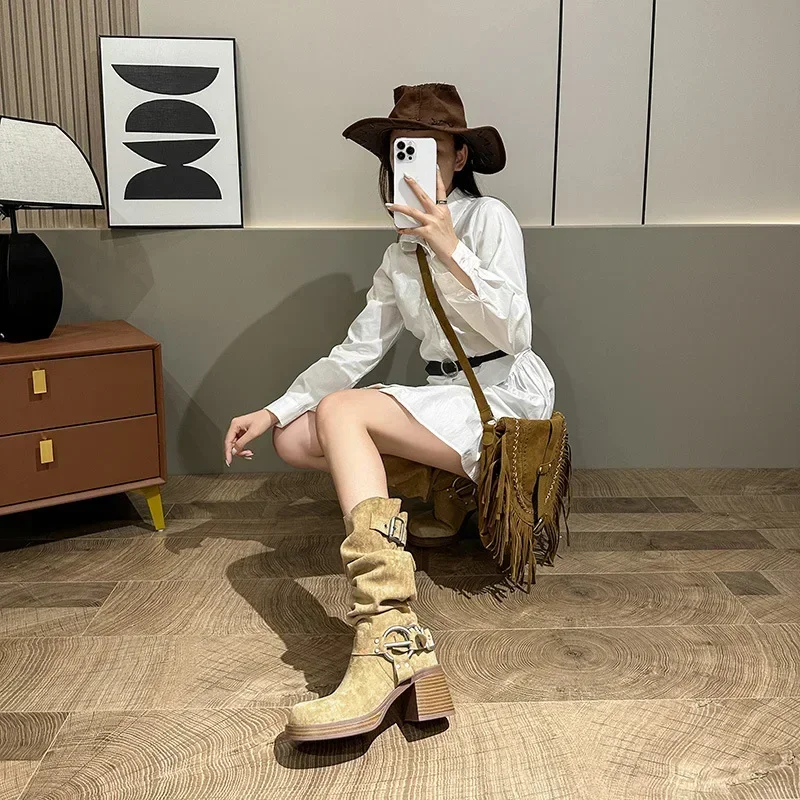 New Fold Women's Vintage Brown Metal Belt Buckle Western Cowboy Boots Square High Heel Long Boots Fashion Knight Boots 2025