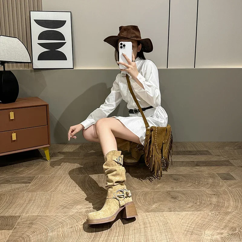 New Fold Women's Vintage Brown Metal Belt Buckle Western Cowboy Boots Square High Heel Long Boots Fashion Knight Boots 2025