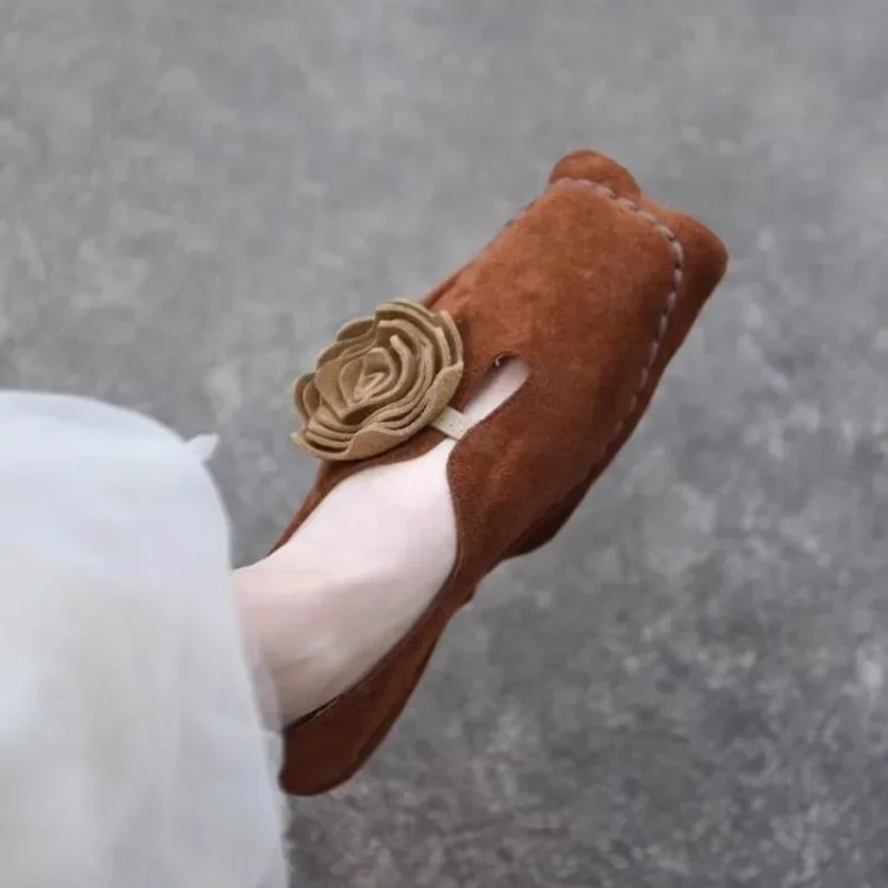 Flat Shoes Women's Spring and Autumn New Retro Niche Flower Square Toe Deep Mouth Soft Sole Single Shoes