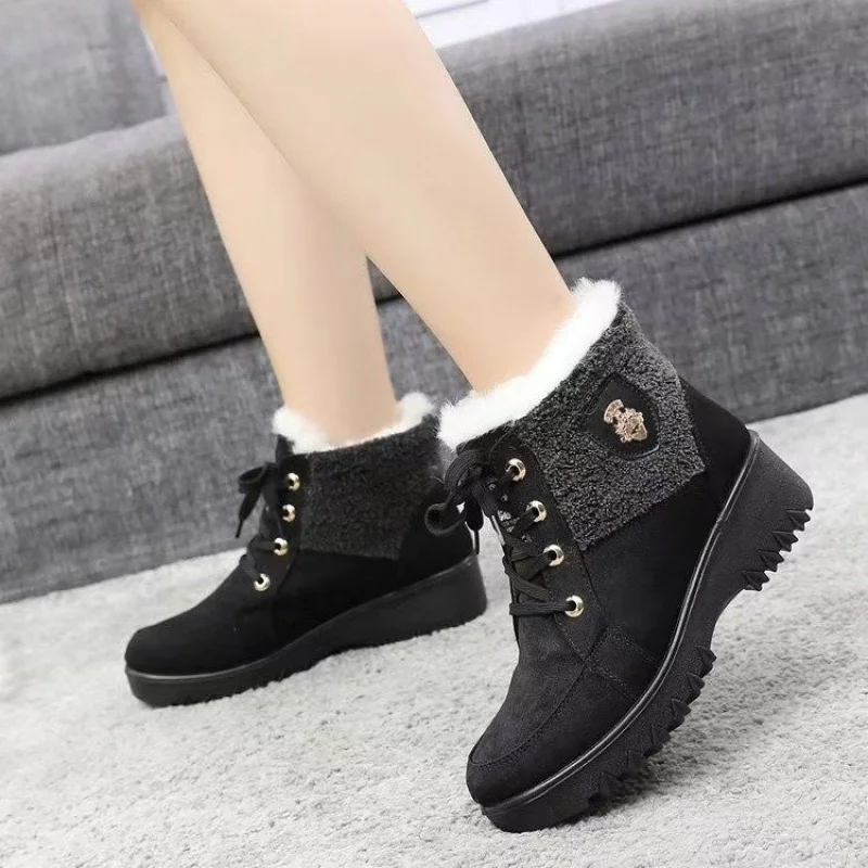 Winter New Retro Platform Wedge Fleece-Lined Thickened Mom Shoes High-Top Warm Versatile Snow Boots
