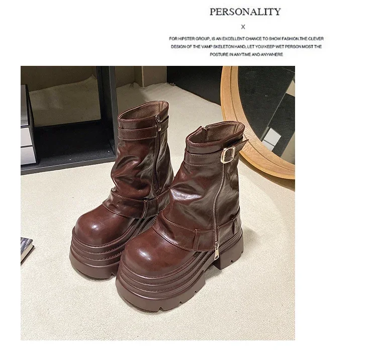 10CM Women's Autumn Winter Leather Ankle Boots Heels Chunky Platform Combat Boots New Non Slip Motorcycle Shoes Woman Punk Boots 10CM Women's Autumn Winter Leather Ankle Boots Heels Chunky Platform Combat Boots New Non Slip Motorcycle Shoes Woman Punk Boots