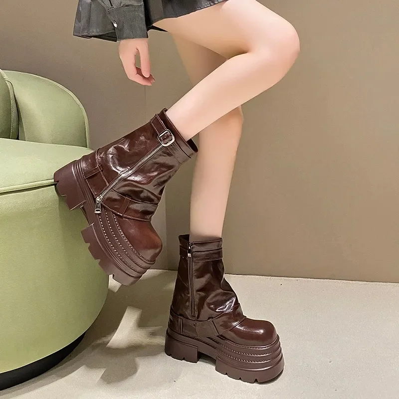 10CM Women's Autumn Winter Leather Ankle Boots Heels Chunky Platform Combat Boots New Non Slip Motorcycle Shoes Woman Punk Boots