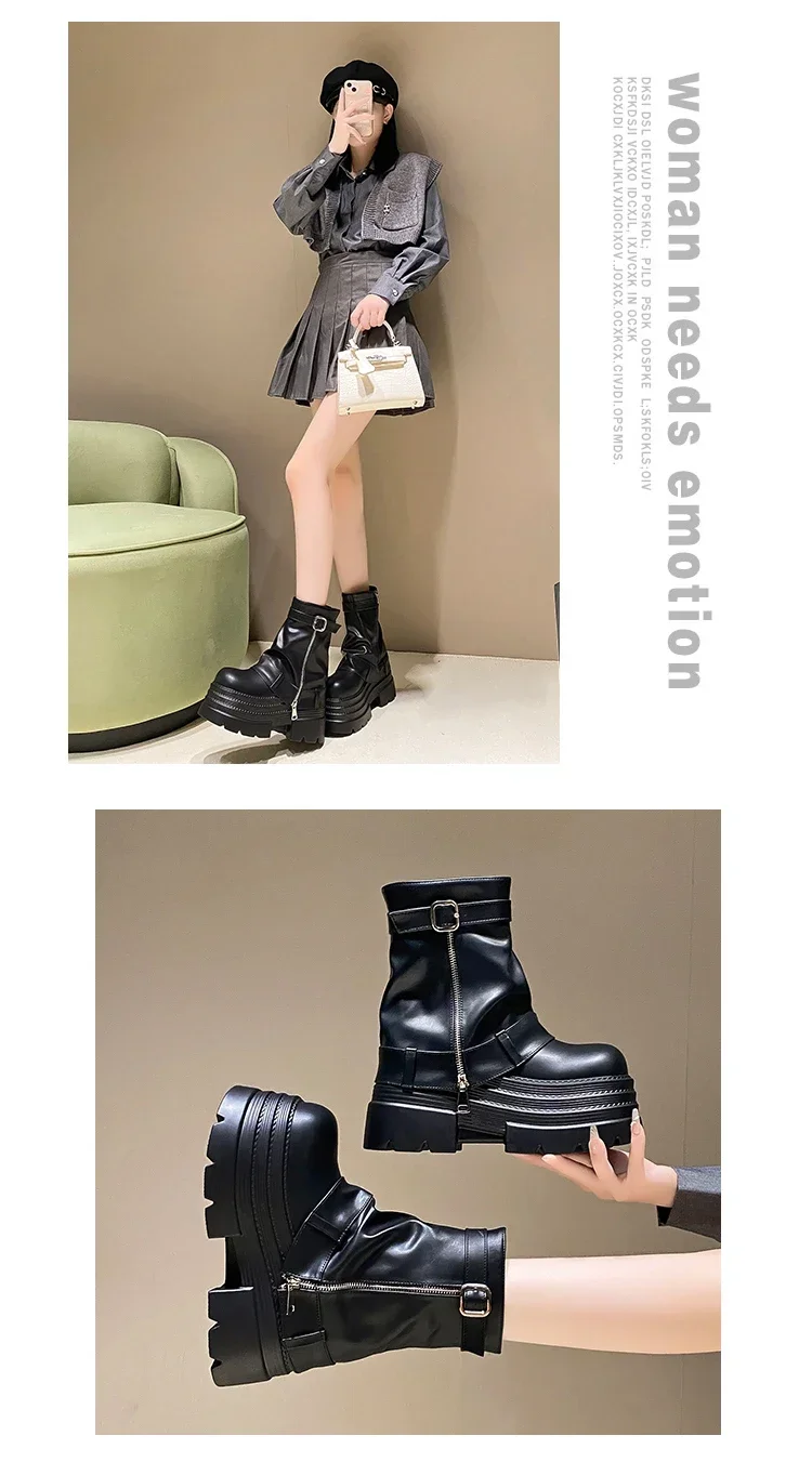 10CM Women's Autumn Winter Leather Ankle Boots Heels Chunky Platform Combat Boots New Non Slip Motorcycle Shoes Woman Punk Boots 10CM Women's Autumn Winter Leather Ankle Boots Heels Chunky Platform Combat Boots New Non Slip Motorcycle Shoes Woman Punk Boots