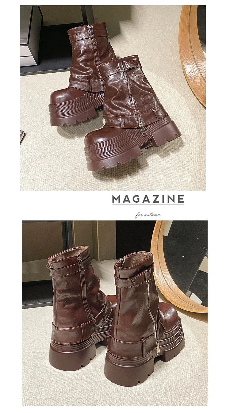 10CM Women's Autumn Winter Leather Ankle Boots Heels Chunky Platform Combat Boots New Non Slip Motorcycle Shoes Woman Punk Boots 10CM Women's Autumn Winter Leather Ankle Boots Heels Chunky Platform Combat Boots New Non Slip Motorcycle Shoes Woman Punk Boots