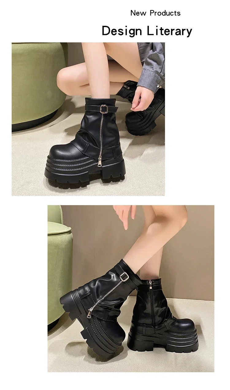 10CM Women's Autumn Winter Leather Ankle Boots Heels Chunky Platform Combat Boots New Non Slip Motorcycle Shoes Woman Punk Boots 10CM Women's Autumn Winter Leather Ankle Boots Heels Chunky Platform Combat Boots New Non Slip Motorcycle Shoes Woman Punk Boots