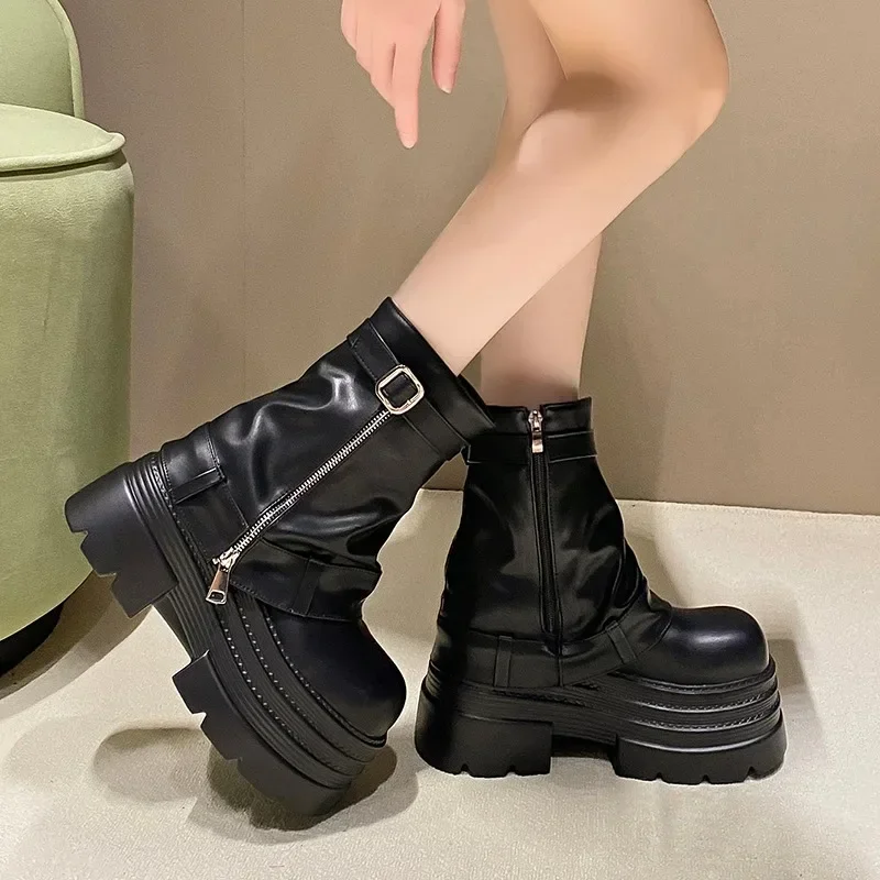 10CM Women's Autumn Winter Leather Ankle Boots Heels Chunky Platform Combat Boots New Non Slip Motorcycle Shoes Woman Punk Boots