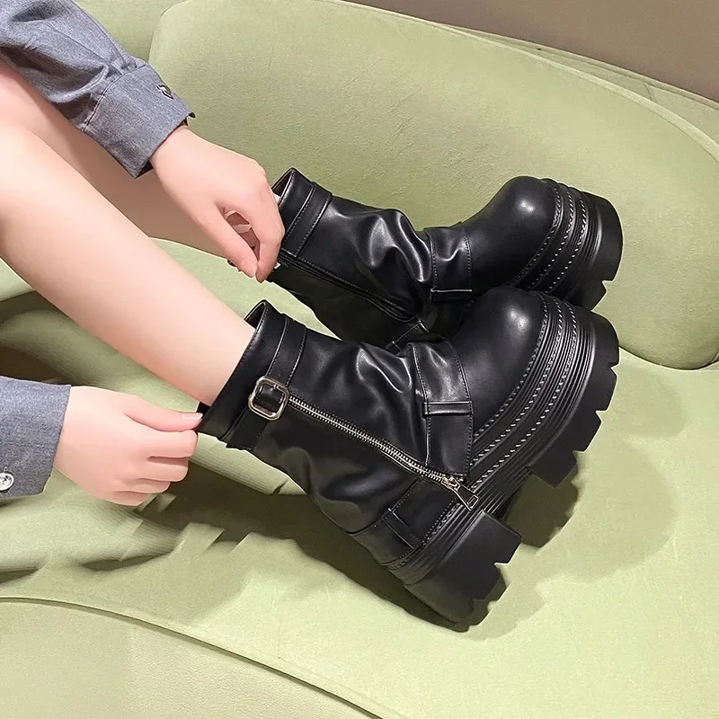 10CM Women's Autumn Winter Leather Ankle Boots Heels Chunky Platform Combat Boots New Non Slip Motorcycle Shoes Woman Punk Boots
