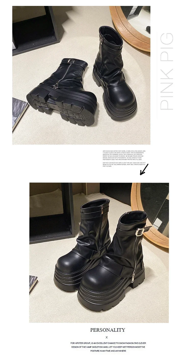 10CM Women's Autumn Winter Leather Ankle Boots Heels Chunky Platform Combat Boots New Non Slip Motorcycle Shoes Woman Punk Boots 10CM Women's Autumn Winter Leather Ankle Boots Heels Chunky Platform Combat Boots New Non Slip Motorcycle Shoes Woman Punk Boots