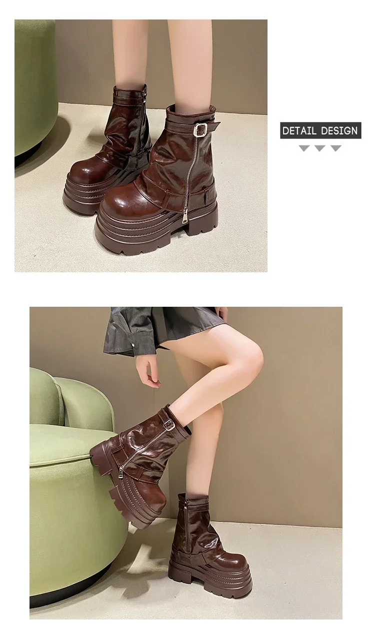 10CM Women's Autumn Winter Leather Ankle Boots Heels Chunky Platform Combat Boots New Non Slip Motorcycle Shoes Woman Punk Boots 10CM Women's Autumn Winter Leather Ankle Boots Heels Chunky Platform Combat Boots New Non Slip Motorcycle Shoes Woman Punk Boots