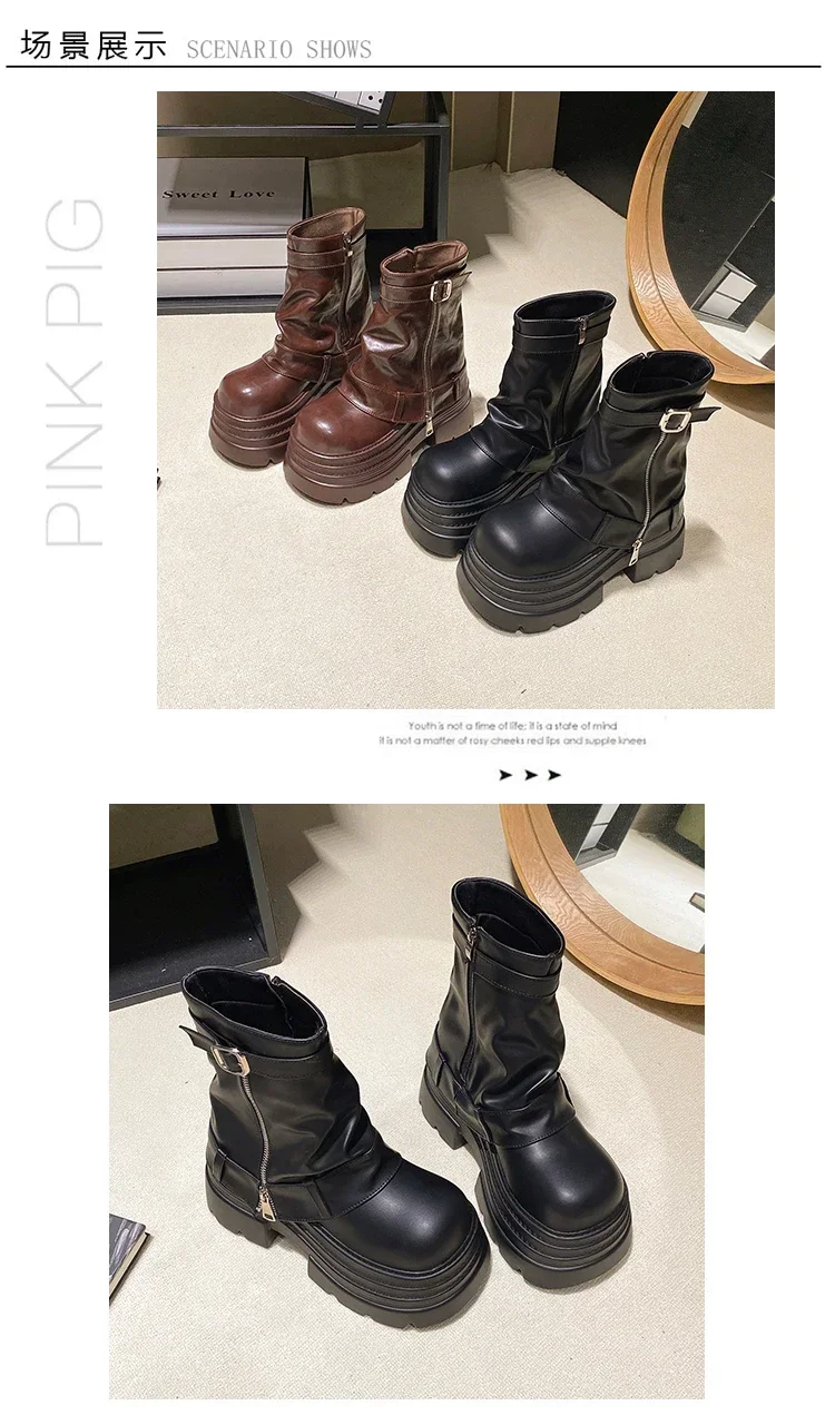 10CM Women's Autumn Winter Leather Ankle Boots Heels Chunky Platform Combat Boots New Non Slip Motorcycle Shoes Woman Punk Boots 10CM Women's Autumn Winter Leather Ankle Boots Heels Chunky Platform Combat Boots New Non Slip Motorcycle Shoes Woman Punk Boots