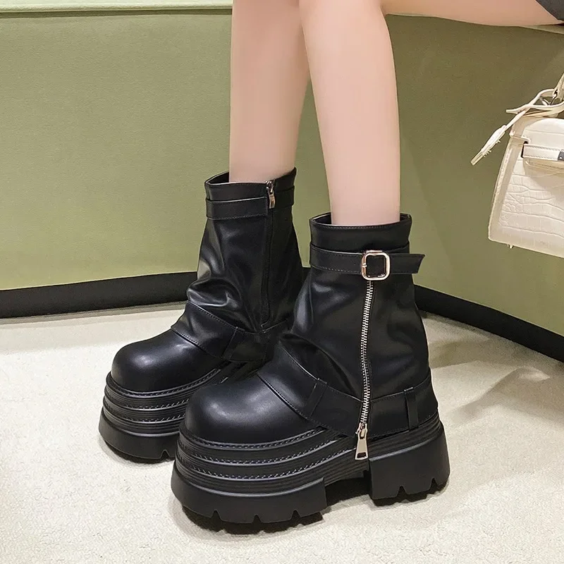 10CM Women's Autumn Winter Leather Ankle Boots Heels Chunky Platform Combat Boots New Non Slip Motorcycle Shoes Woman Punk Boots