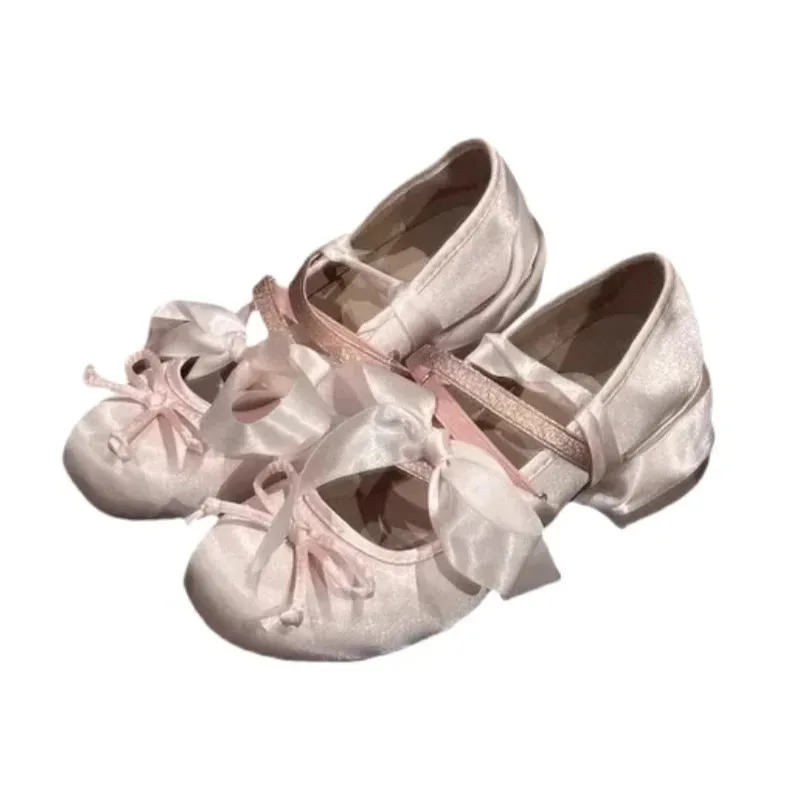 Women's Pink Ballet Mary Jane Shoes with Bow Knot Thick Heel Round Head Soft Shoes for Evening Wear
