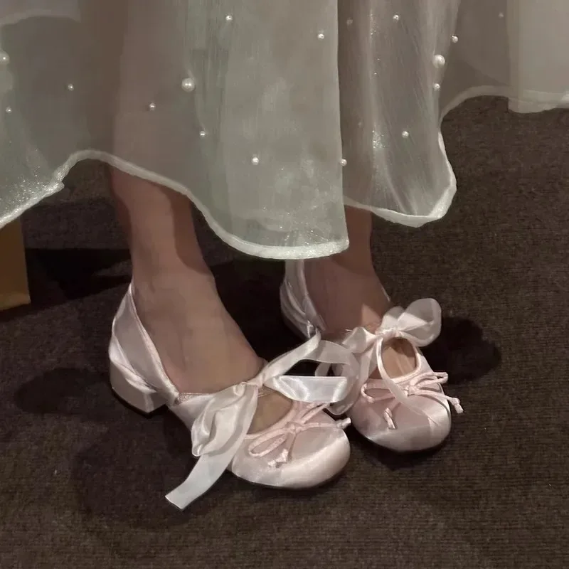 Women's Pink Ballet Mary Jane Shoes with Bow Knot Thick Heel Round Head Soft Shoes for Evening Wear