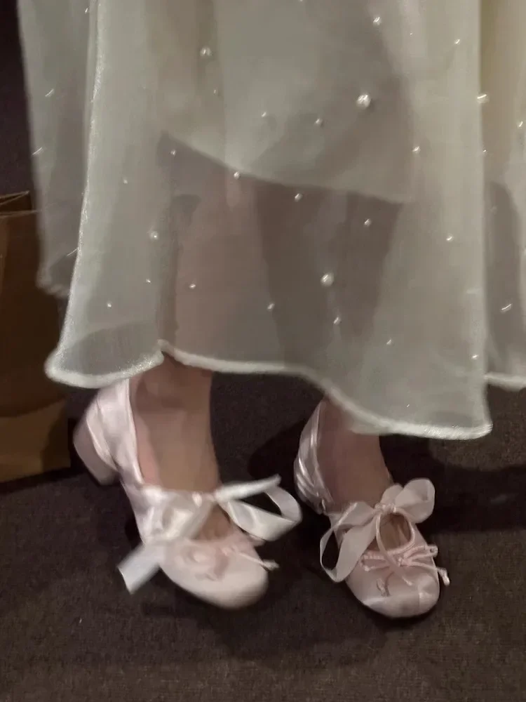 Women's Pink Ballet Mary Jane Shoes with Bow Knot Thick Heel Round Head Soft Shoes for Evening Wear