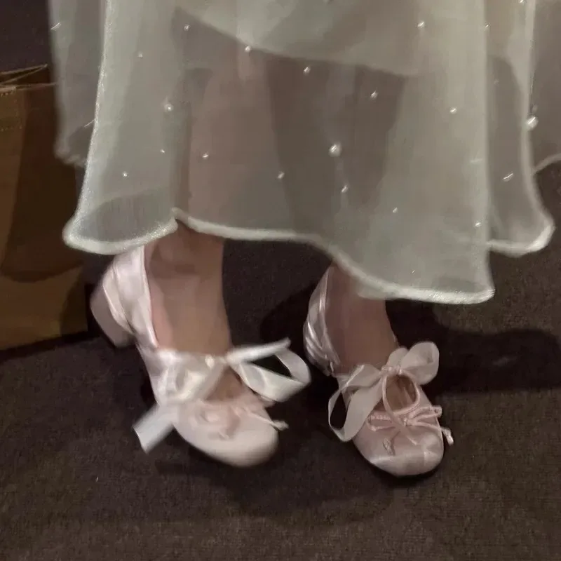 Women's Pink Ballet Mary Jane Shoes with Bow Knot Thick Heel Round Head Soft Shoes for Evening Wear