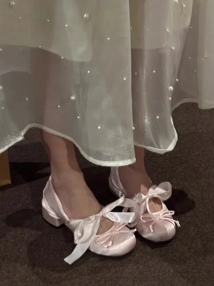 Women's Pink Ballet Mary Jane Shoes with Bow Knot Thick Heel Round Head Soft Shoes for Evening Wear