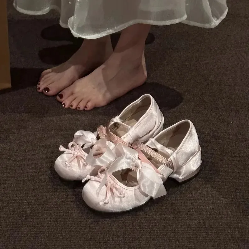 Women's Pink Ballet Mary Jane Shoes with Bow Knot Thick Heel Round Head Soft Shoes for Evening Wear