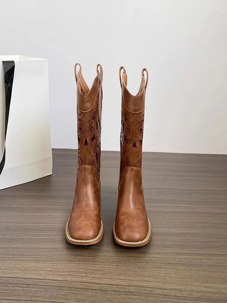 Summer Brown Mid-Calf Hollow Out Embroidered Western Boots Retro Style Desert Women's Shoes Leather Upper Round Toe Rubber Sole