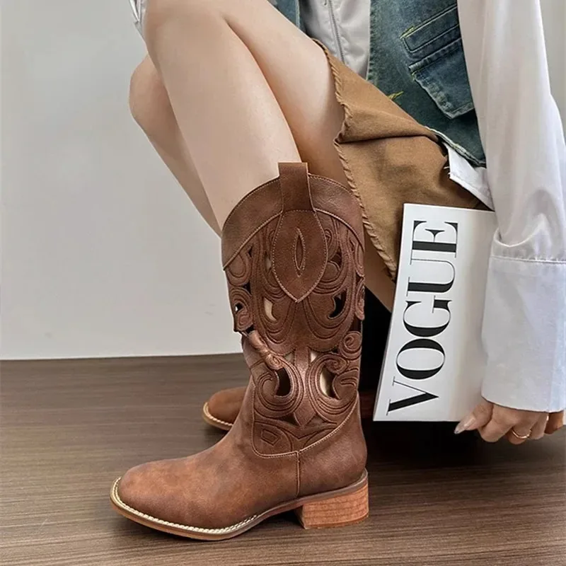 Summer Brown Mid-Calf Hollow Out Embroidered Western Boots Retro Style Desert Women's Shoes Leather Upper Round Toe Rubber Sole