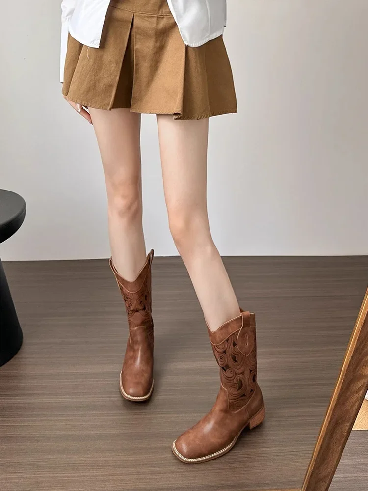 Summer Brown Mid-Calf Hollow Out Embroidered Western Boots Retro Style Desert Women's Shoes Leather Upper Round Toe Rubber Sole