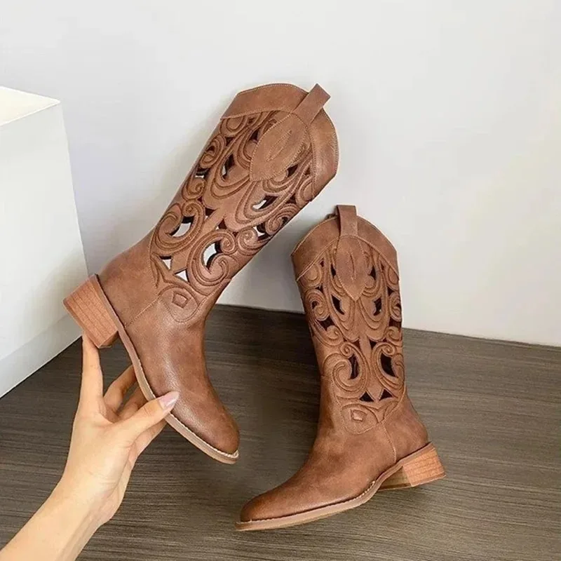 Summer Brown Mid-Calf Hollow Out Embroidered Western Boots Retro Style Desert Women's Shoes Leather Upper Round Toe Rubber Sole
