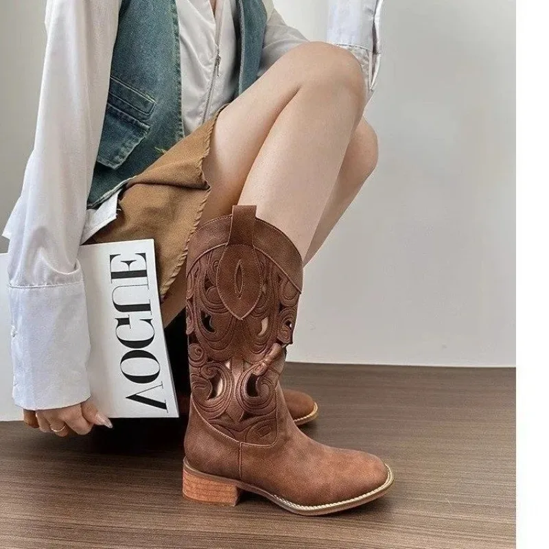 Summer Brown Mid-Calf Hollow Out Embroidered Western Boots Retro Style Desert Women's Shoes Leather Upper Round Toe Rubber Sole