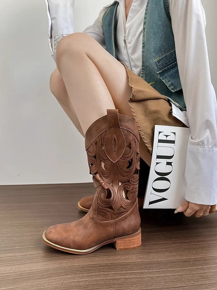 Summer Brown Mid-Calf Hollow Out Embroidered Western Boots Retro Style Desert Women's Shoes Leather Upper Round Toe Rubber Sole