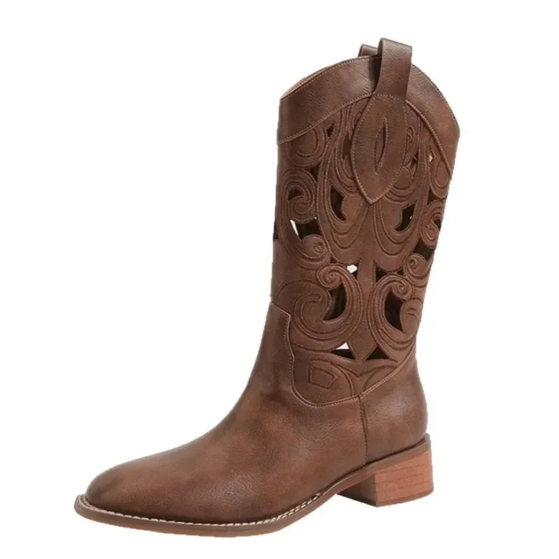 Summer Brown Mid-Calf Hollow Out Embroidered Western Boots Retro Style Desert Women's Shoes Leather Upper Round Toe Rubber Sole