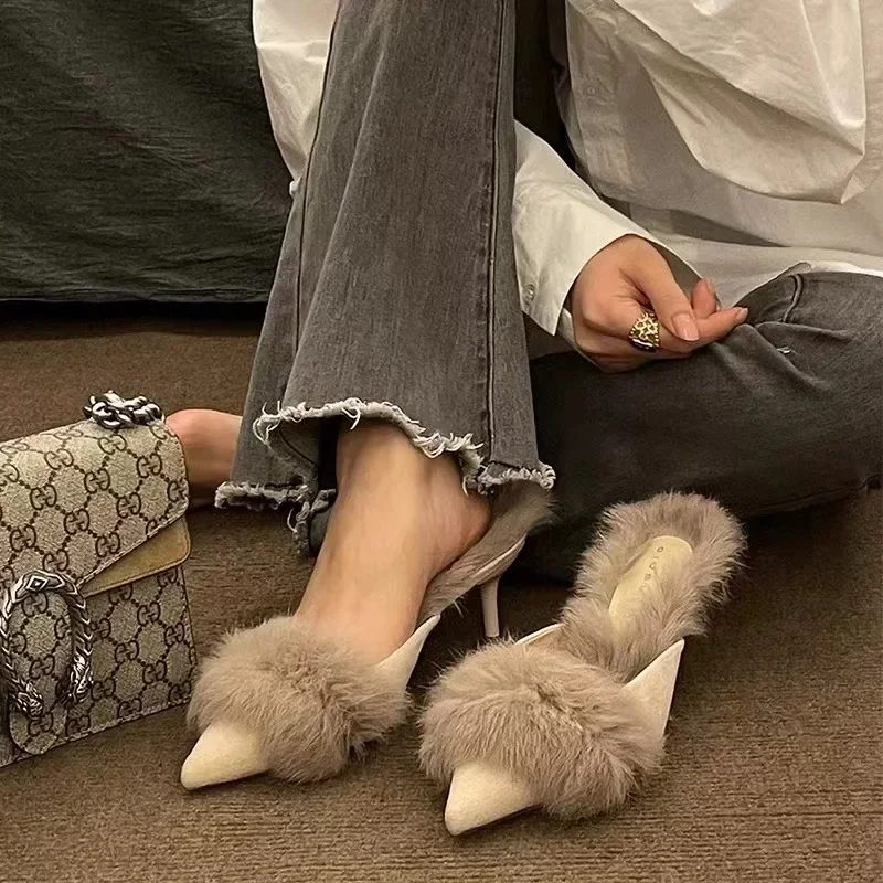 Women High Heel Shoes Fur Slippers Mules Pointed Toe Furry Slides Fashion Elegant Luxury Designer Flip Flops Office Pumps
