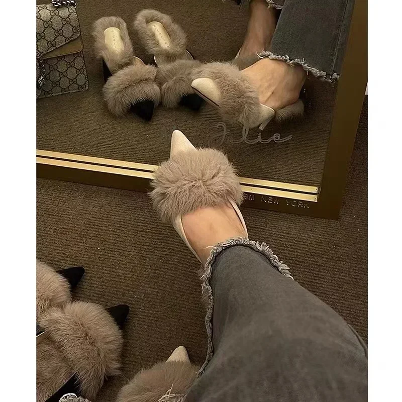 Women High Heel Shoes Fur Slippers Mules Pointed Toe Furry Slides Fashion Elegant Luxury Designer Flip Flops Office Pumps