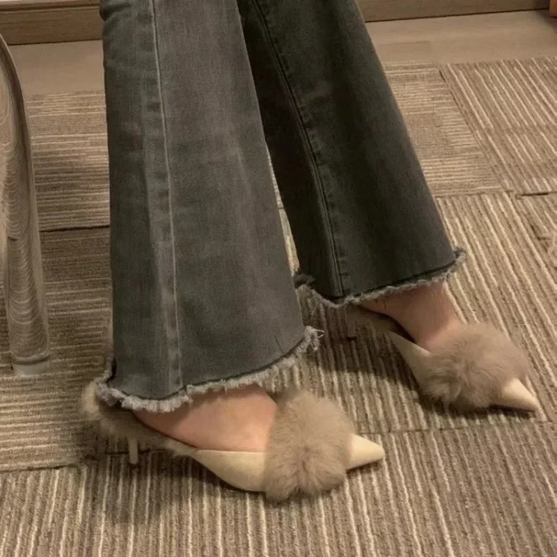 Women High Heel Shoes Fur Slippers Mules Pointed Toe Furry Slides Fashion Elegant Luxury Designer Flip Flops Office Pumps