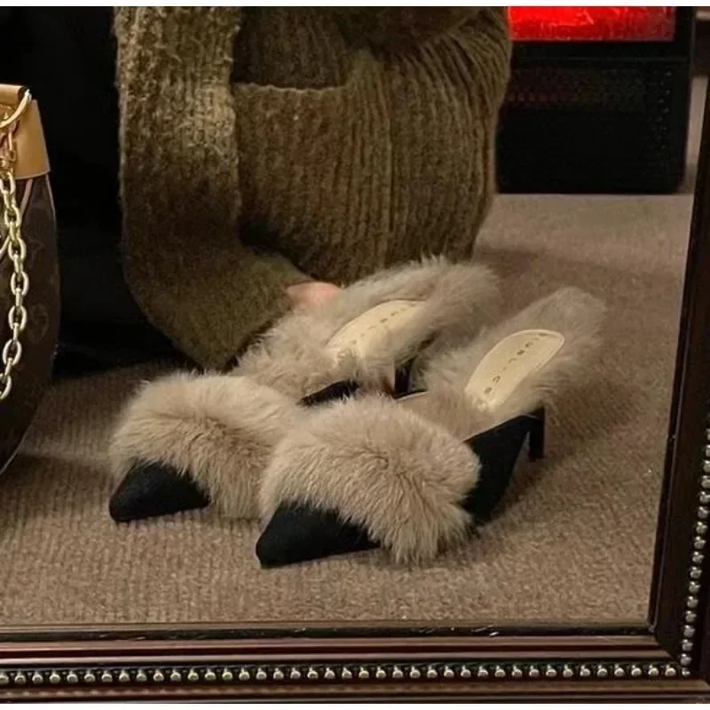 Women High Heel Shoes Fur Slippers Mules Pointed Toe Furry Slides Fashion Elegant Luxury Designer Flip Flops Office Pumps Women High Heel Shoes Fur Slippers Mules Pointed Toe Furry Slides Fashion Elegant Luxury Designer Flip Flops Office Pumps