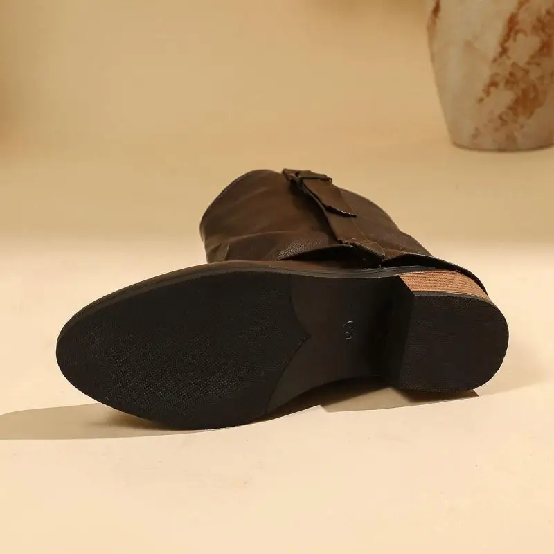 Vintage Pu Leather Mid Calf Boots Women Winter Metal Belt Buckle Thick Heel Long Boots Plus Size 43 Woman's Designer Shoes