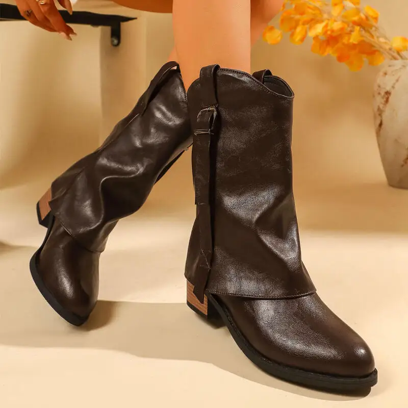 Vintage Pu Leather Mid Calf Boots Women Winter Metal Belt Buckle Thick Heel Long Boots Plus Size 43 Woman's Designer Shoes