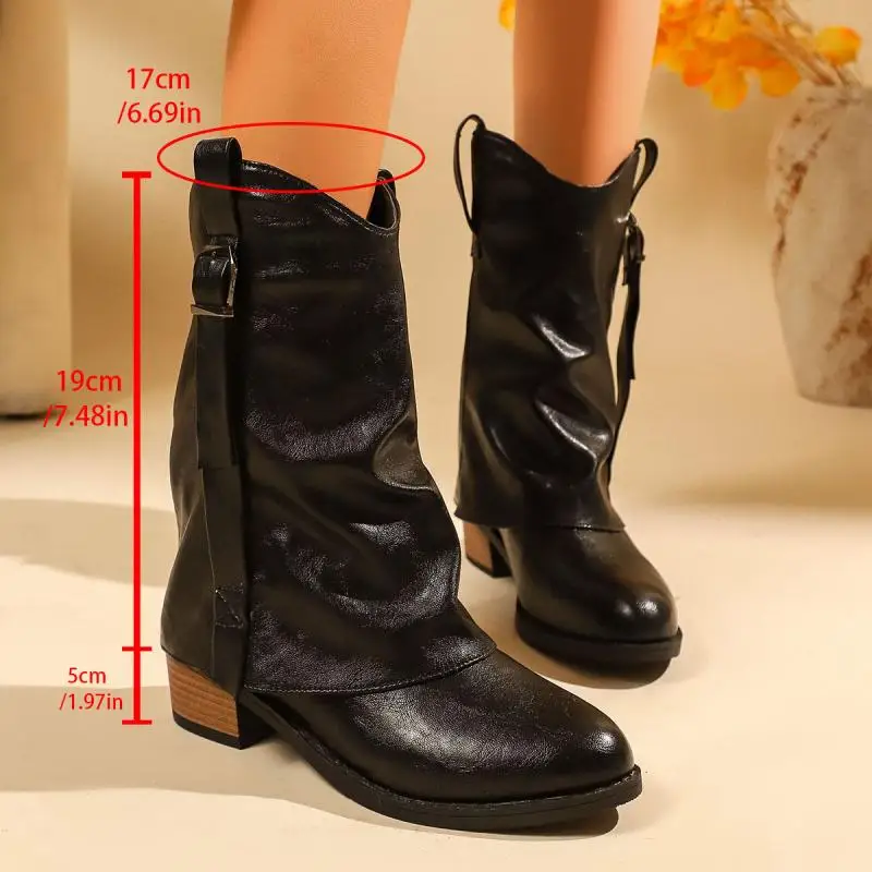 Vintage Pu Leather Mid Calf Boots Women Winter Metal Belt Buckle Thick Heel Long Boots Plus Size 43 Woman's Designer Shoes
