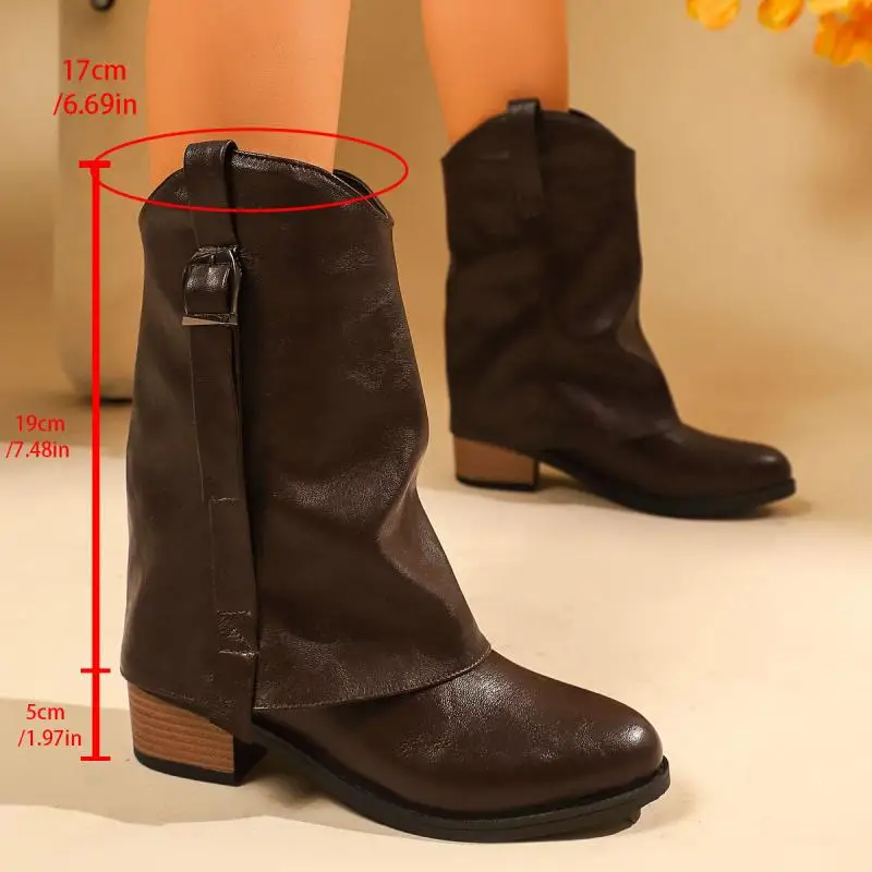 Vintage Pu Leather Mid Calf Boots Women Winter Metal Belt Buckle Thick Heel Long Boots Plus Size 43 Woman's Designer Shoes