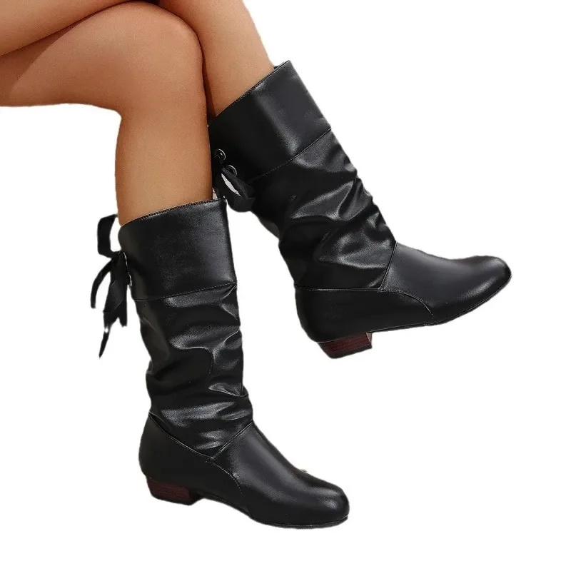 Fall Winter Large Size Student Knight Boots Low Heel Round Head Women's Mid-Calf Boot Warm Rubber Material Leisure Style